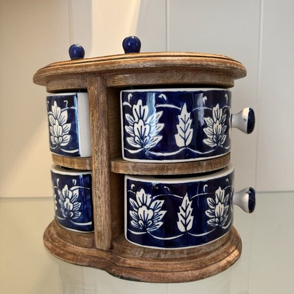 Apothecary Chest Latch Drawers Blue White Ceramic HEAVY Wood Bohemian Boho Decor - Picture 4 of 13